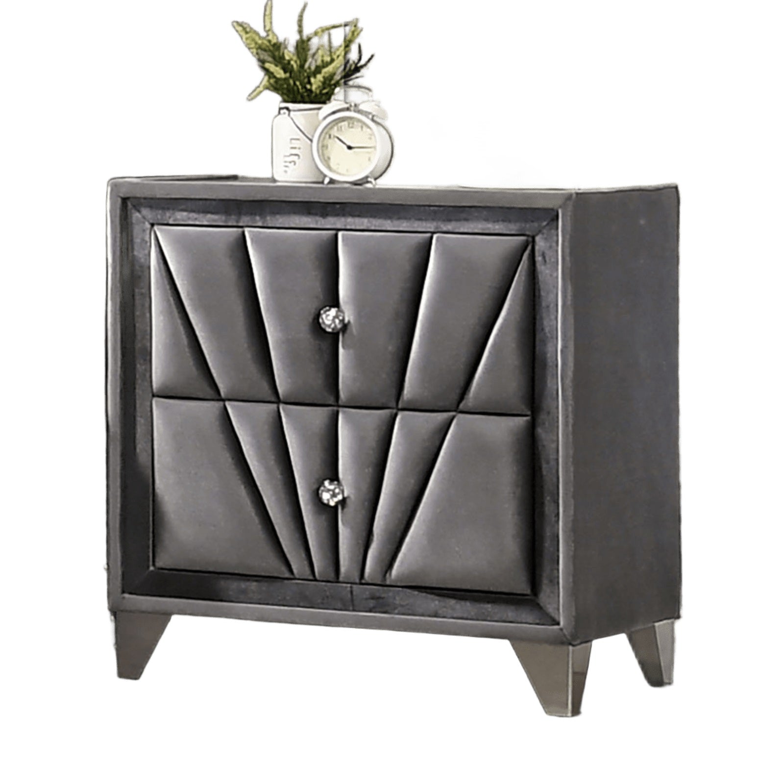 Fully Upholstered Frame 1pc Nightstand Gray Fabric Crystal-like Acrylic Knobs Glass Top Chrome Legs