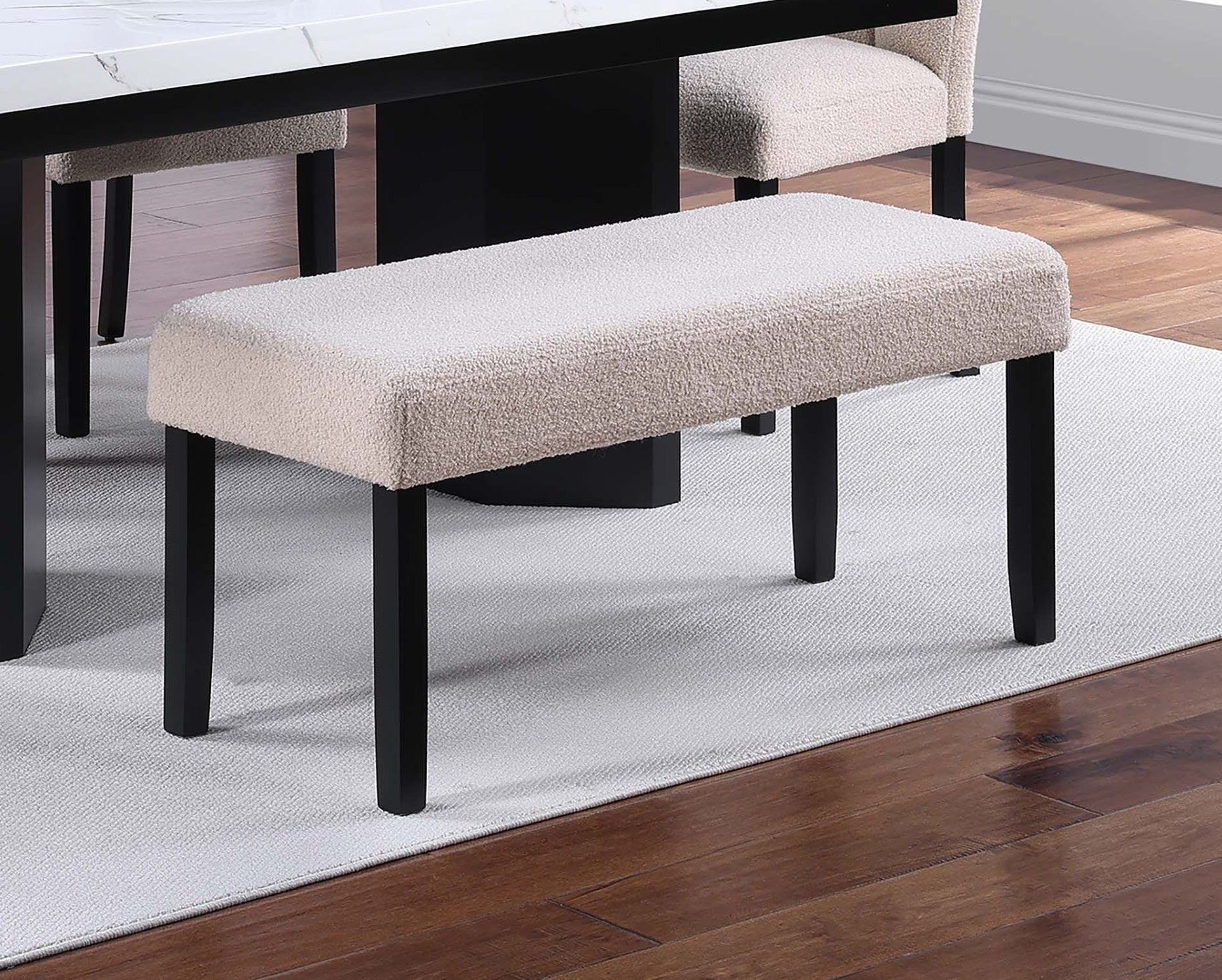 1pc Dining Bench Only Upholstered Soft Fabric Seat Neutral Tone Bench Black Wooden Tapered Legs Dining Room