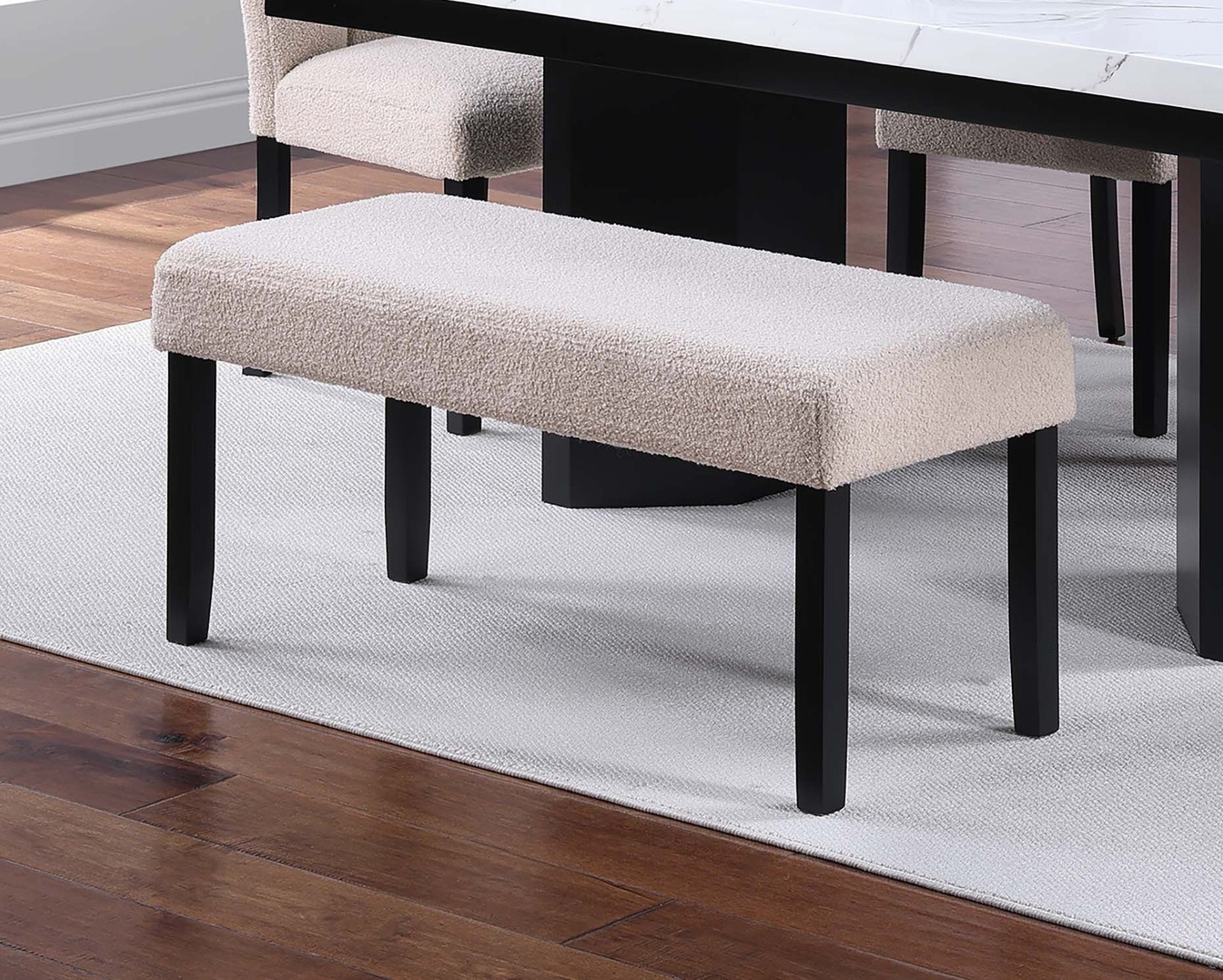 1pc Dining Bench Only Upholstered Soft Fabric Seat Neutral Tone Bench Black Wooden Tapered Legs Dining Room