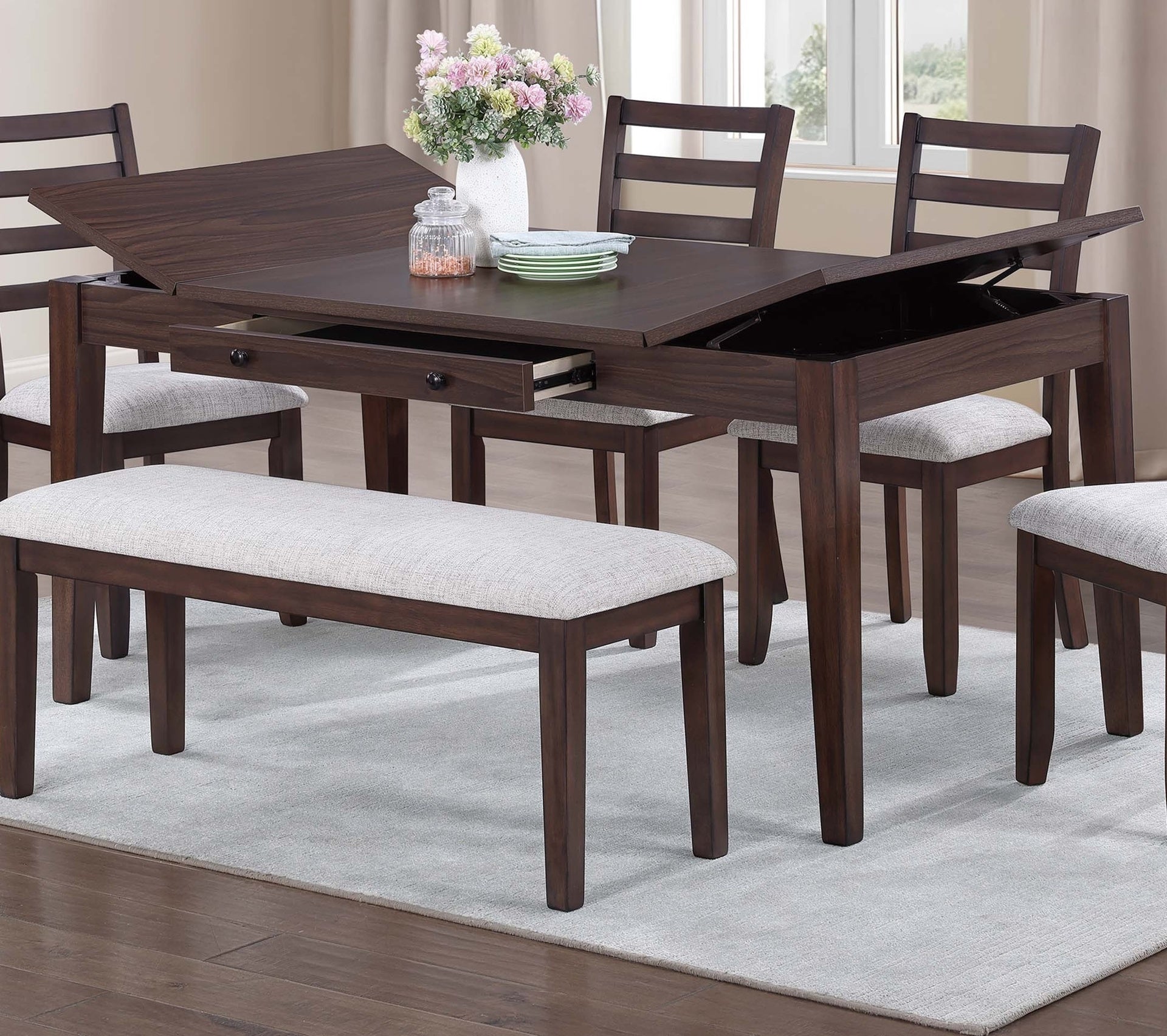 Walnut Color Dining Table w Drawers Built in Lift Top Storage 1pc Table Modern Dining Room Wooden Furniture