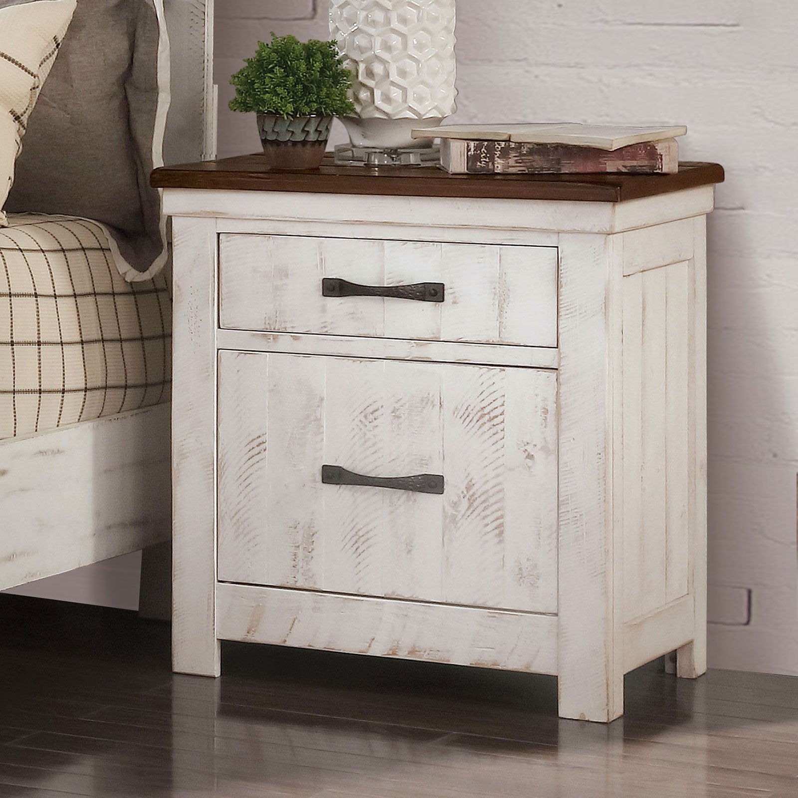 Plank Design Transitional style Distressed White 1pc Nightstand Brass Arch Pull 2-Drawers Bedside Table Solid wood Bedroom