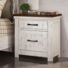Plank Design Transitional style Distressed White 1pc Nightstand Brass Arch Pull 2-Drawers Bedside Table Solid wood Bedroom