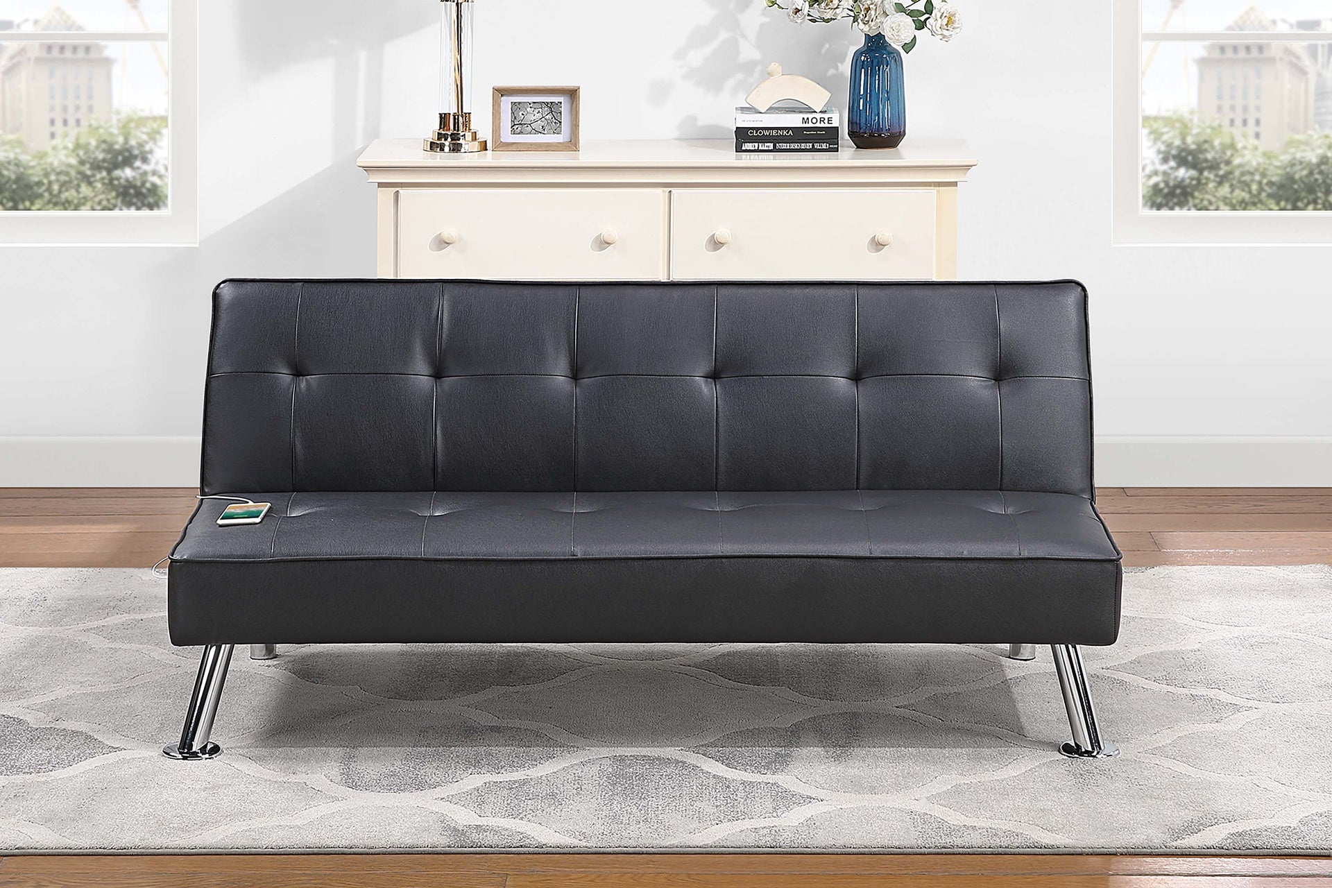 Black Color Faux Leather 1pc Adjustable Sofa Metal Legs Tufted Upholstered Plush Cushion Couch w USB