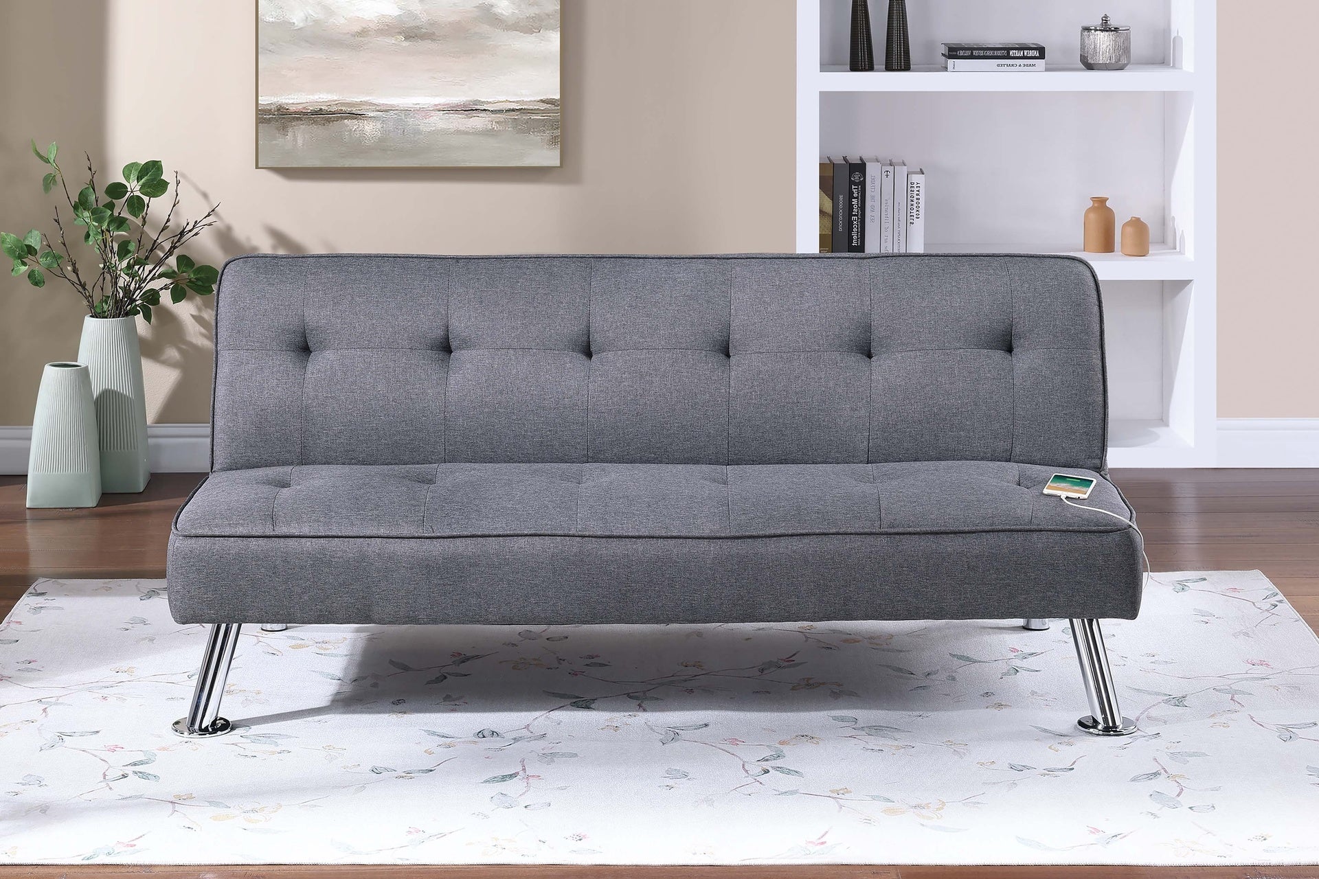 Blue Grey Color Polyfiber 1pc Adjustable Sofa Metal Legs Tufted Upholstered Plush Cushion Couch USB