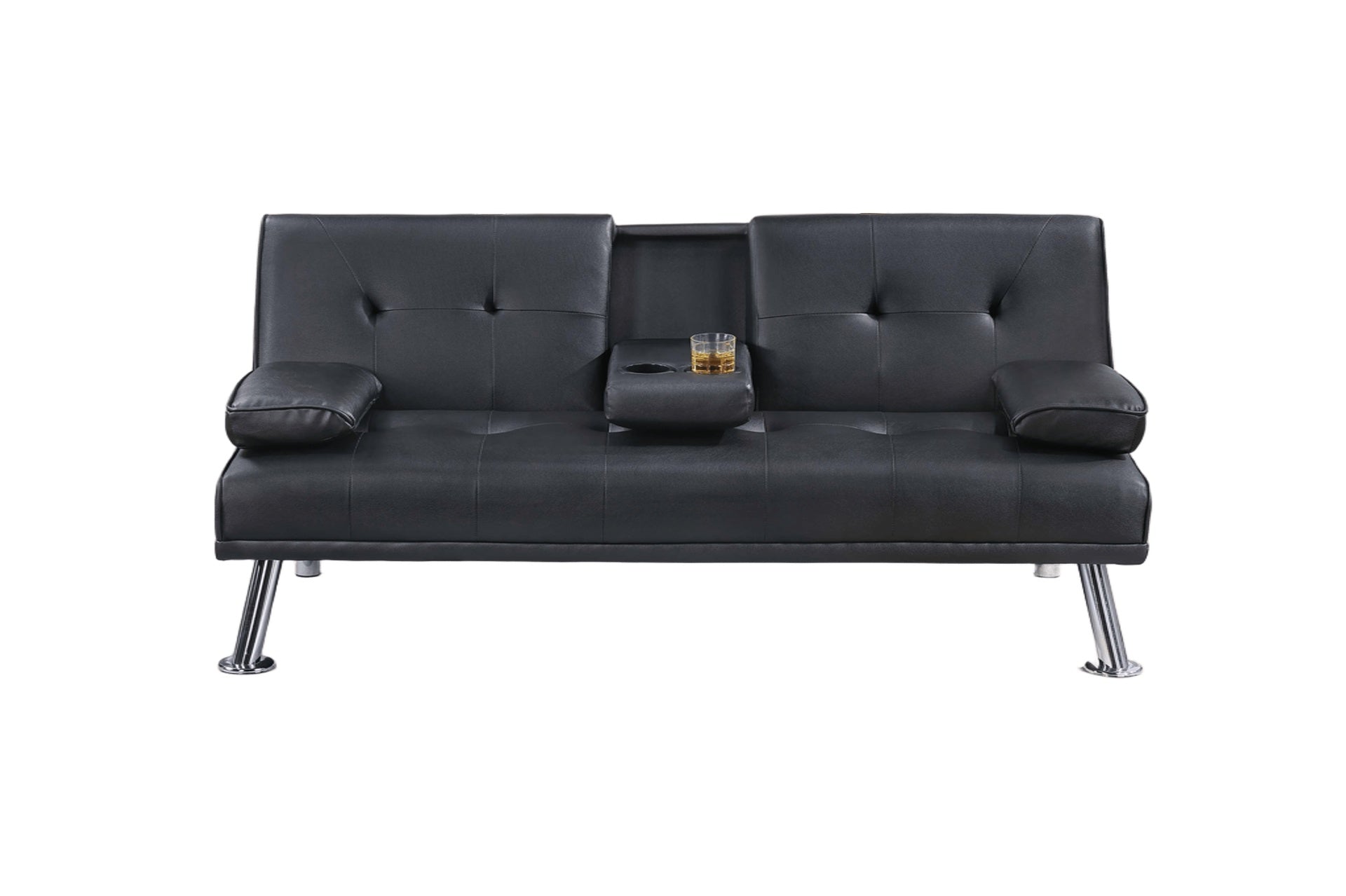 Black Color Faux Leather 1pc Adjustable Sofa Fold-Down Table W/ Cup Holders Tufted Upholstered Plush Cushion Couch Living Room