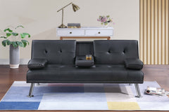 Black Color Faux Leather 1pc Adjustable Sofa Fold-Down Table W/ Cup Holders Tufted Upholstered Plush Cushion Couch Living Room