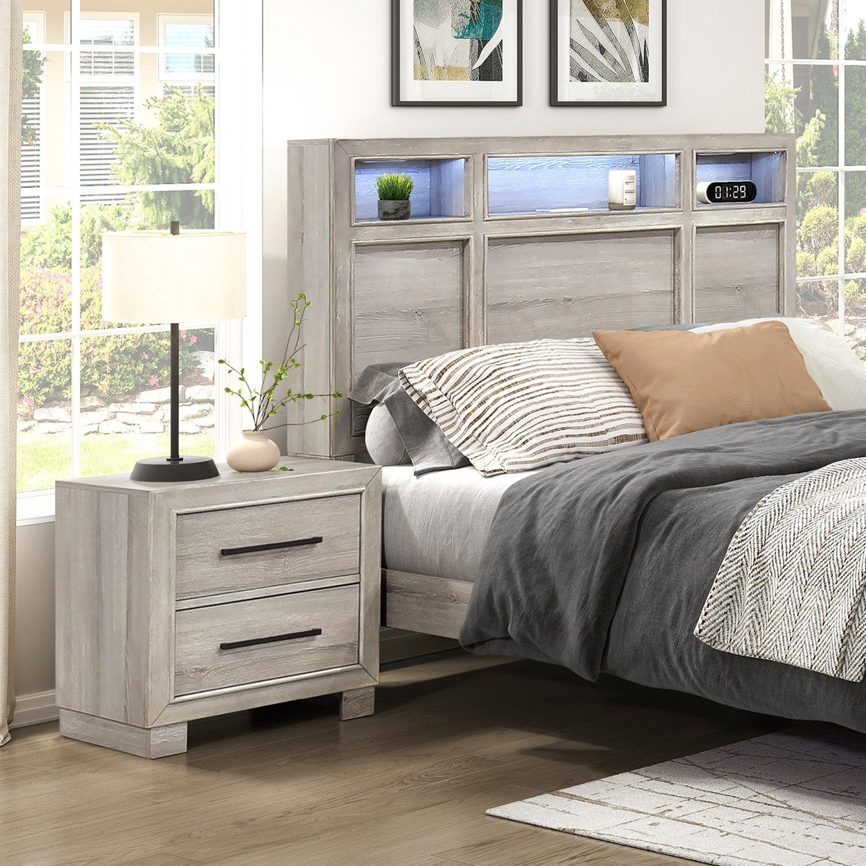 Modern Gray Finish Two-Drawer Nightstand Wooden Bedroom Furniture 1pc Bedside Cabinet