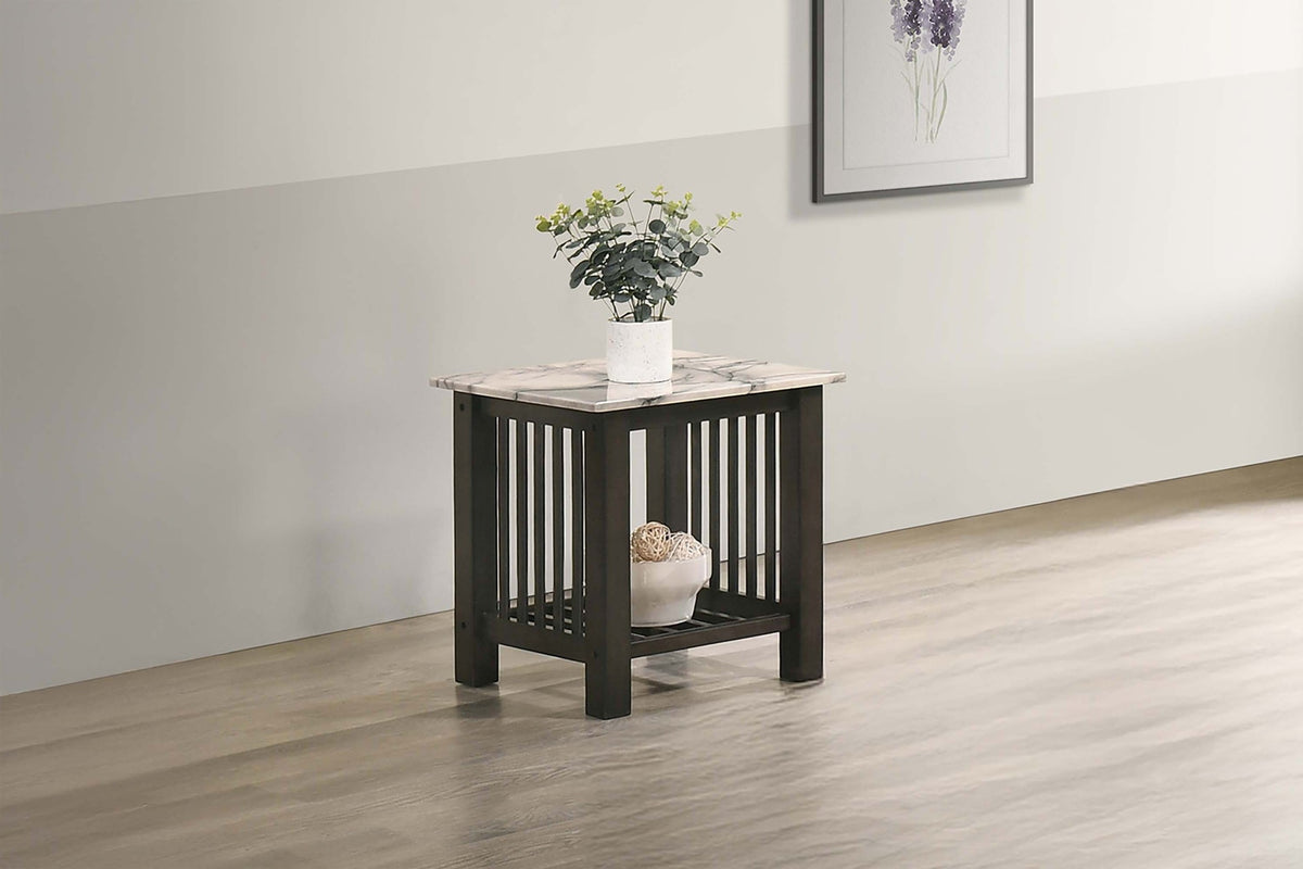 Modern Contemporary 1pc End Table Faux Marble Top Antique Walnut Solid Legs Open Storage Shelf Occasional Table Living Room