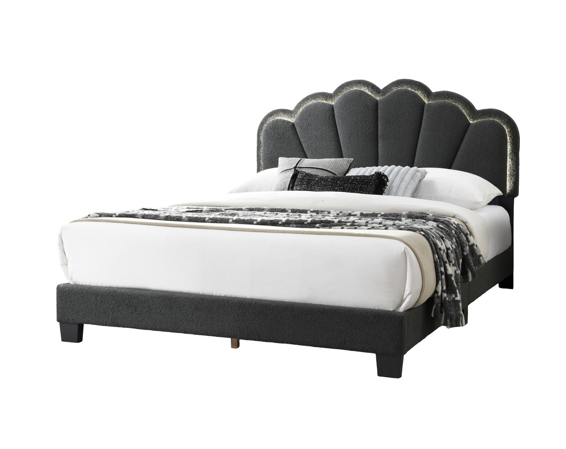 Full Size Bed Charcoal Wool Fabric Floral Design Headboard w LED Fully Upholstered Platform Bedroom Furniture