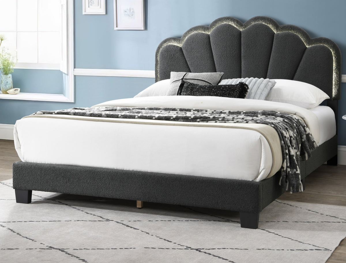 Full Size Bed Charcoal Wool Fabric Floral Design Headboard w LED Fully Upholstered Platform Bedroom Furniture
