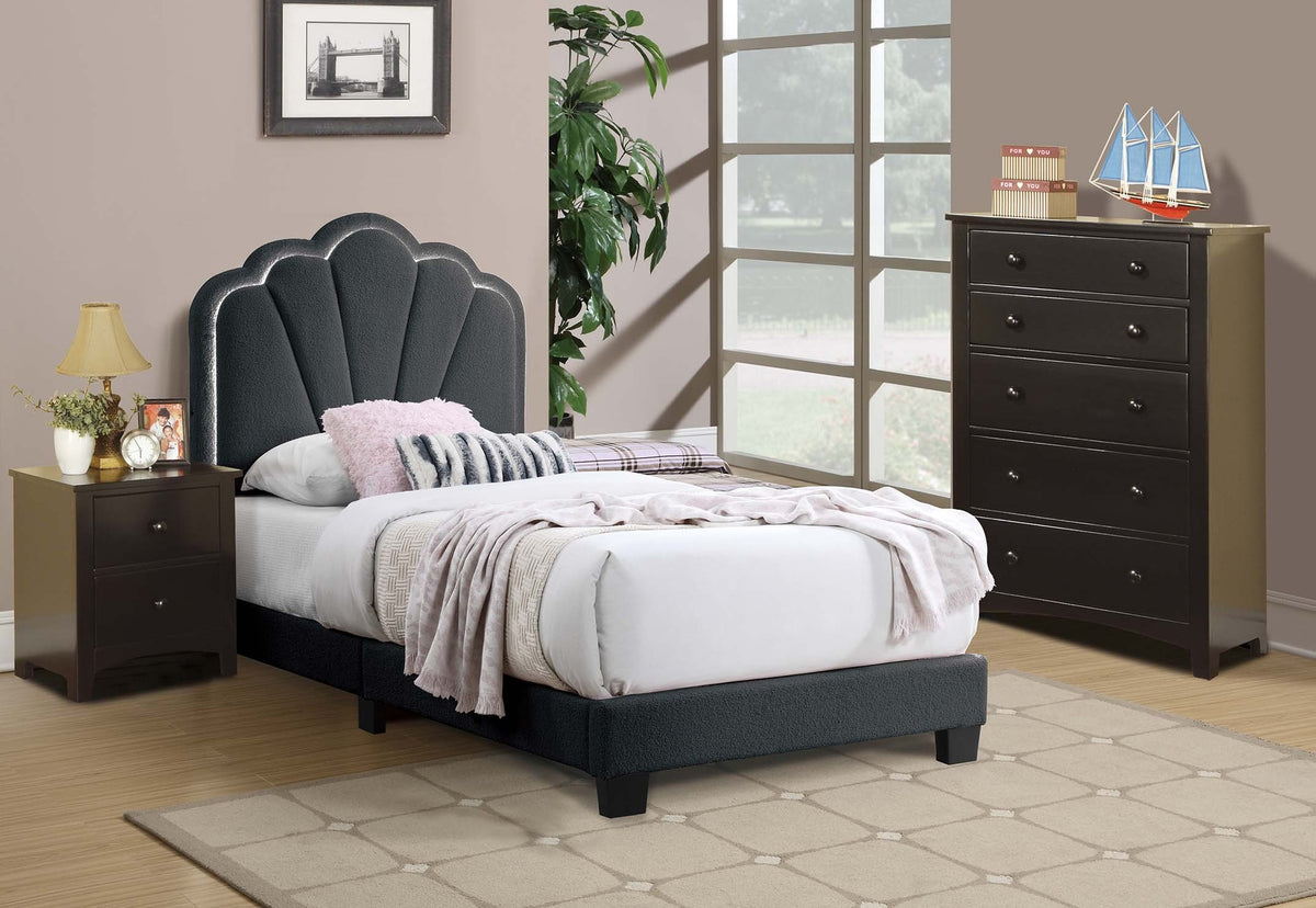 Luxurious Style Twin Size Bed Charcoal Wool Fabric Floral Design Headboard w LED Fully Upholstered Platform Bedroom Furniture