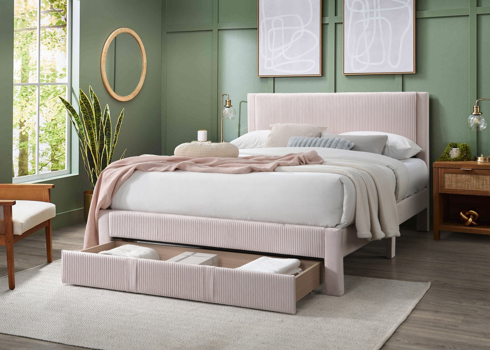 Contemporary Style 1pc Full Size Bed w Storage Drawer Light Pink Corduroy Texture Design Bedroom Furniture