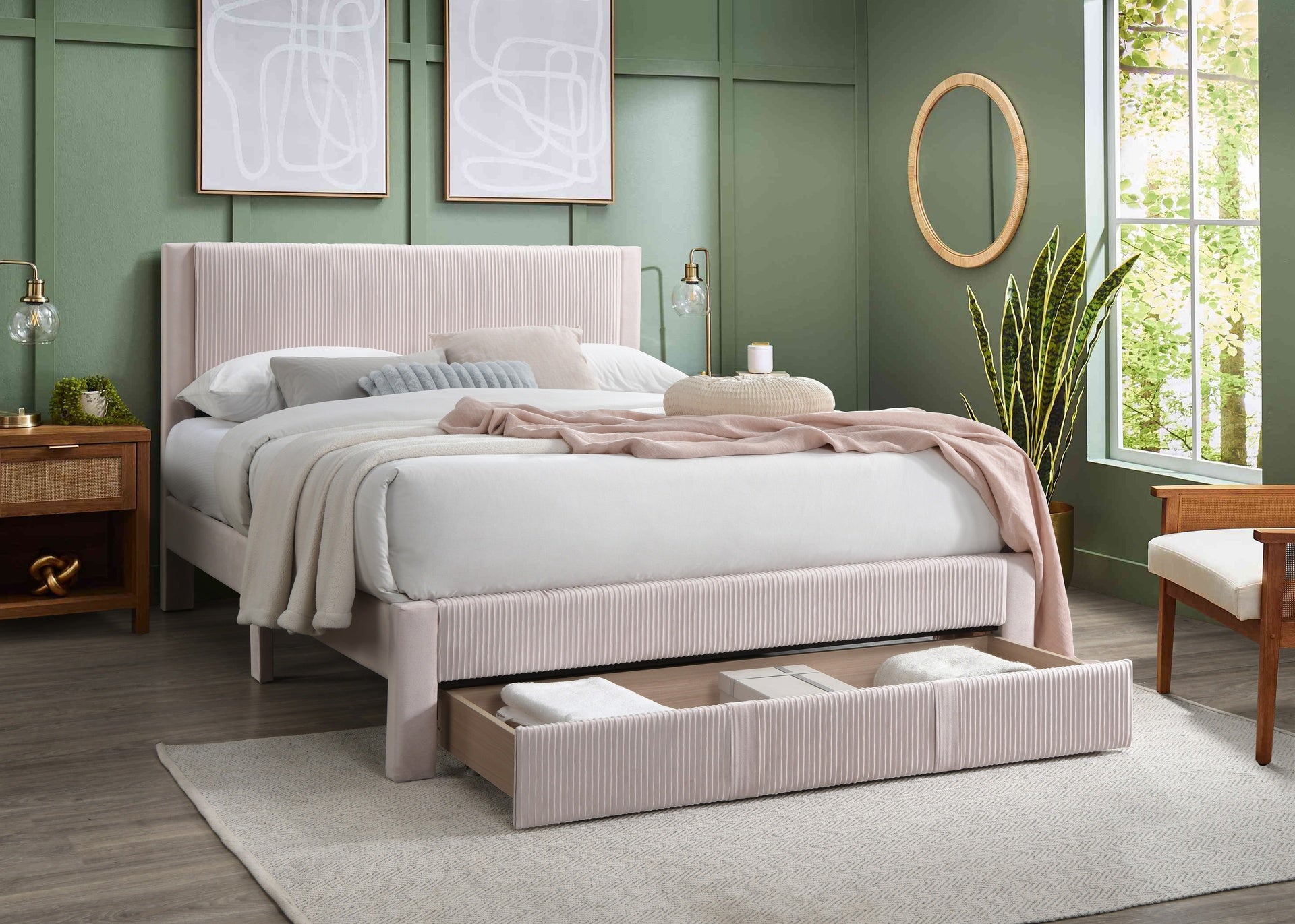 Contemporary Style 1pc Full Size Bed w Storage Drawer Light Pink Corduroy Texture Design Bedroom Furniture
