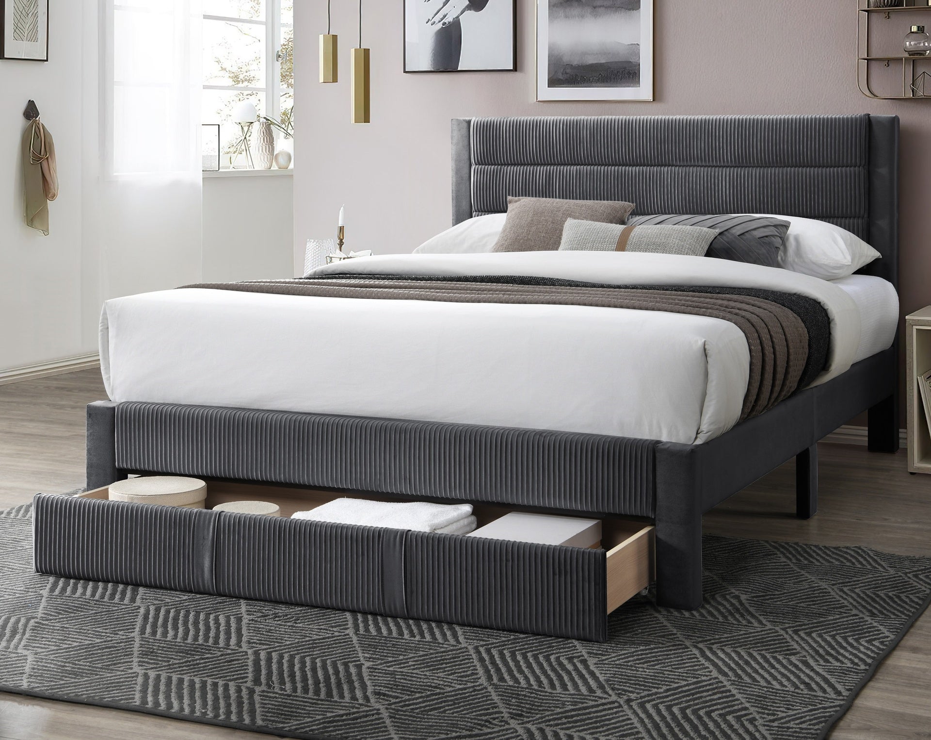 Luxury Contemporary Look 1pc Full Size Bed w Storage Drawer Charcoal Corduroy Headboard Bedframe