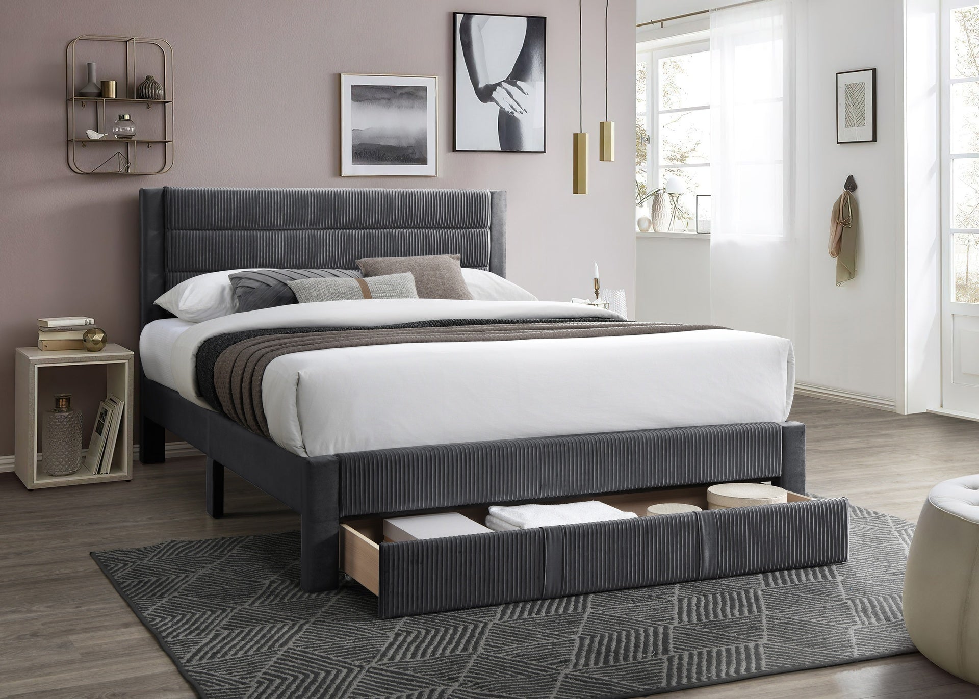 Luxury Contemporary Look 1pc Full Size Bed w Storage Drawer Charcoal Corduroy Headboard Bedframe