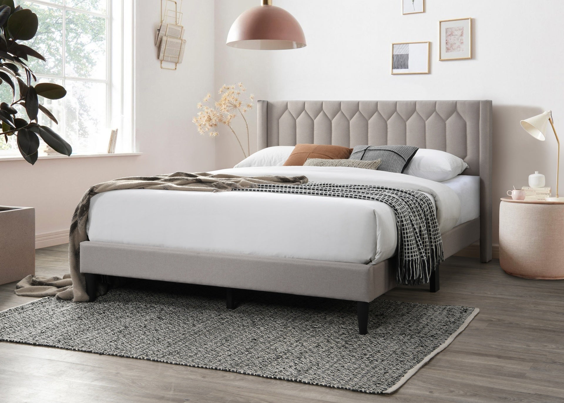 Modern Eye-Catching 1pc Full Size Bed Light Brown Burlap Fabric Unique Diamond Design Headboard Bedframe