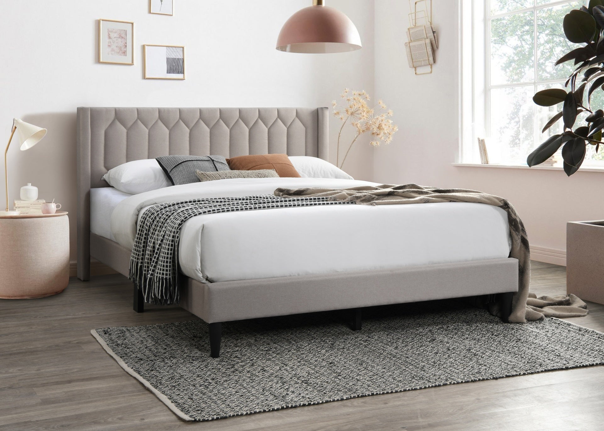 Modern Eye-Catching 1pc Full Size Bed Light Brown Burlap Fabric Unique Diamond Design Headboard Bedframe