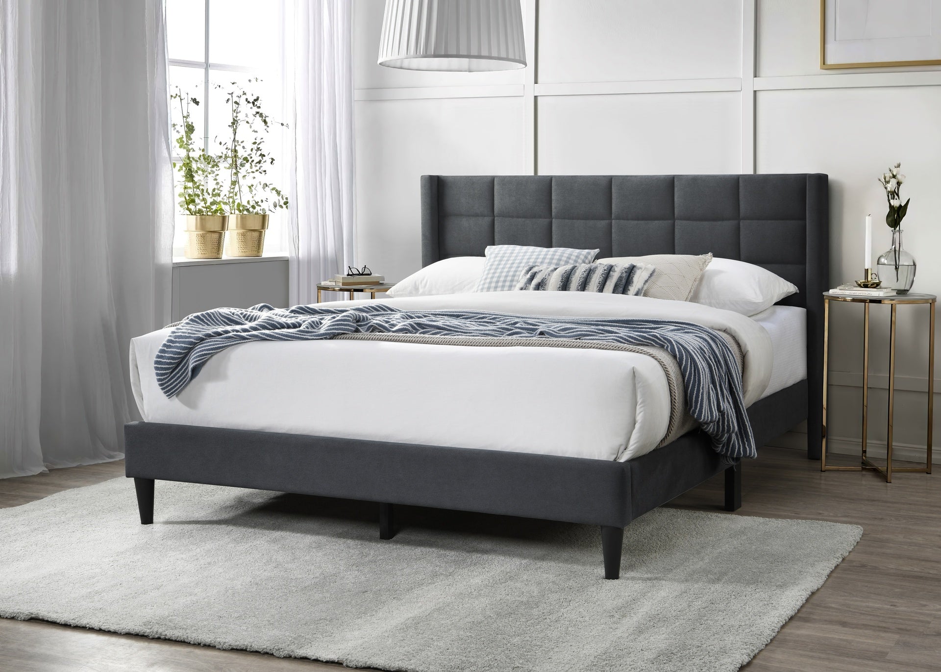Elegant Modern 1pc Full Size Bed Upholstered Box Design Headboard Bedframe Charcoal Brushed Linen