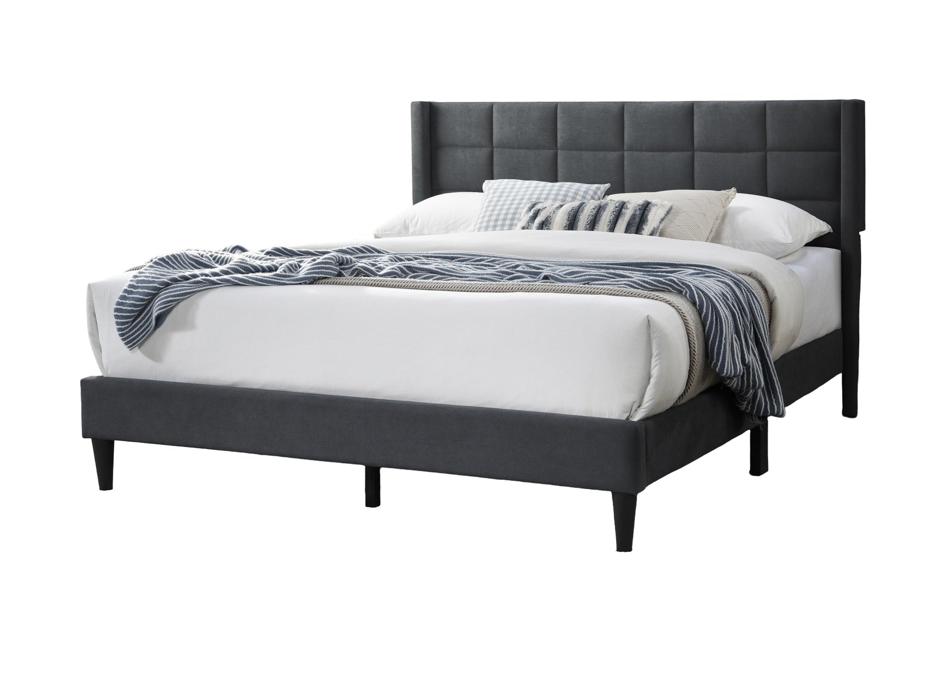 Elegant Modern 1pc Full Size Bed Upholstered Box Design Headboard Bedframe Charcoal Brushed Linen