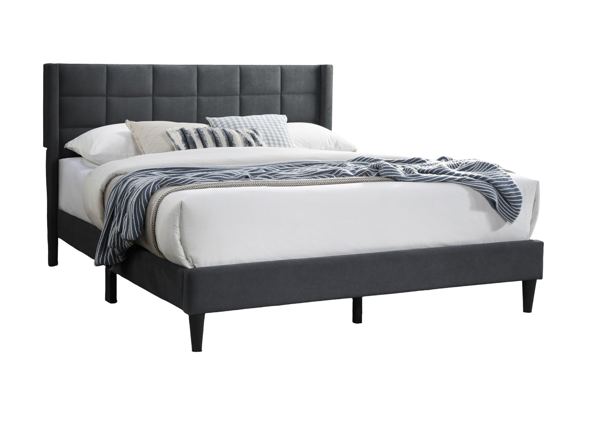 Elegant Modern 1pc Full Size Bed Upholstered Box Design Headboard Bedframe Charcoal Brushed Linen