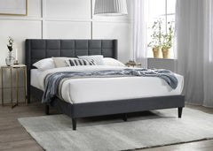 Elegant Modern 1pc Full Size Bed Upholstered Box Design Headboard Bedframe Charcoal Brushed Linen
