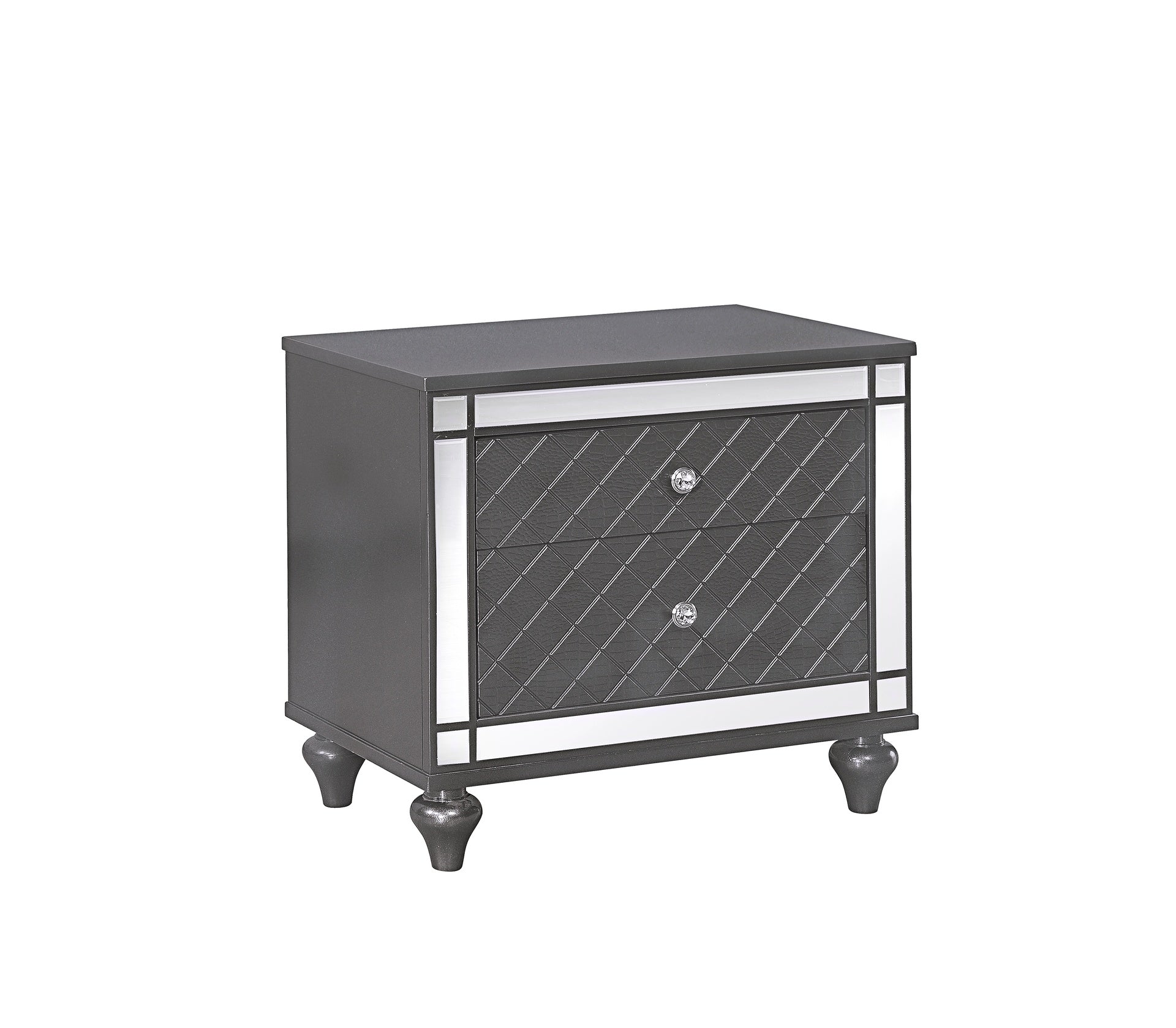 1Pc Glam Contemporary Style 2-Drawer Nightstand End Table with Mirror Plating Tapered Legs Gray Finish Bedroom Solid Wood Wooden Furniture