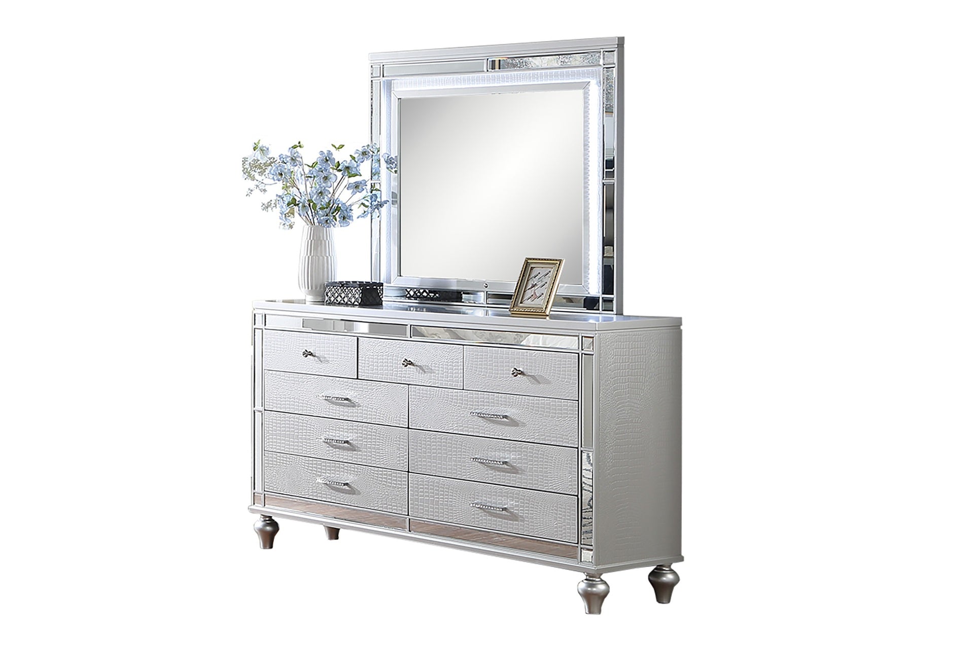 Glam Style 1pc Dresser Snake Skin Design Glass Panel Gourd Legs Silver Finish Bedroom Furniture