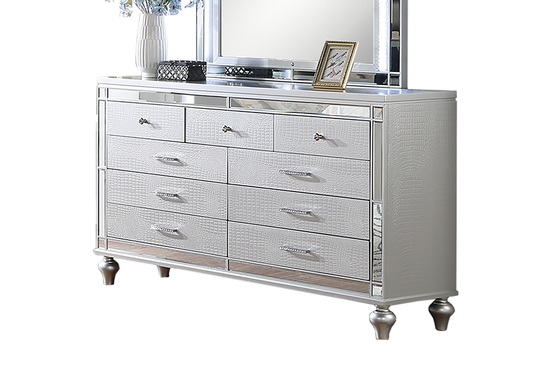 Glam Style 1pc Dresser Snake Skin Design Glass Panel Gourd Legs Silver Finish Bedroom Furniture