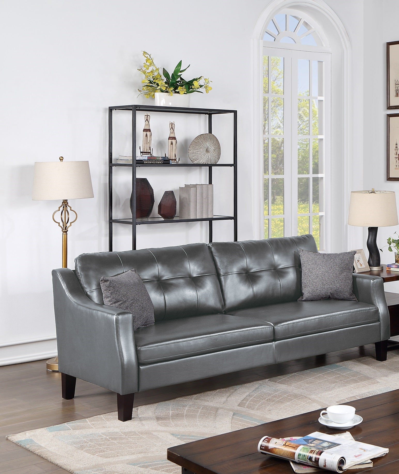 Contemporary Living Room Furniture 2-Pcs Sofa Set Grey Gel Leatherette Couch Sofa And Loveseat Plush Cushion Tufted Plush Sofa Pillows