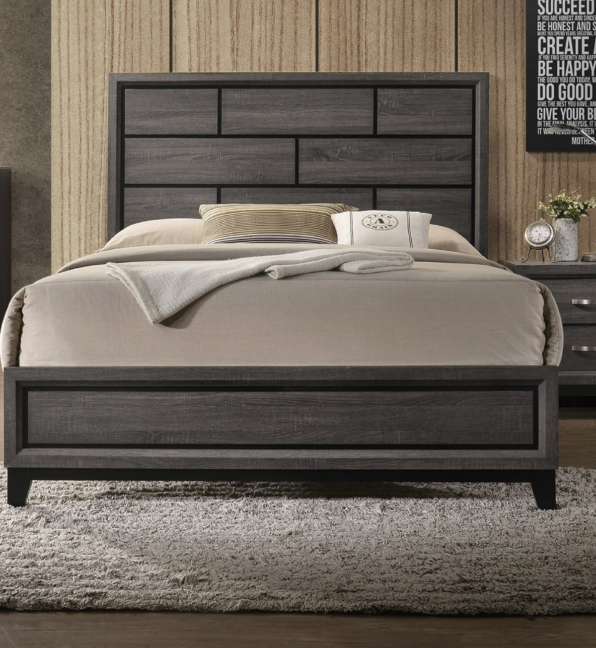 Cotemporary Gray Finish Queen Size Panel Low-profile Bed Geometric Design Wooden Bedroom Furniture