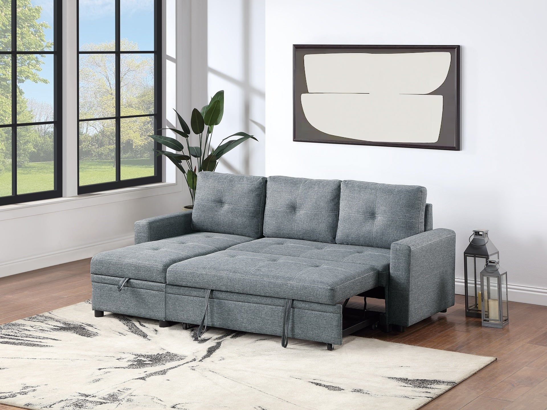 Black Gray Polyfiber Convertible Sectional Sofa Pull out Bed Couch Storage Chaise Reversible 2pc Sectional Living Room Furniture