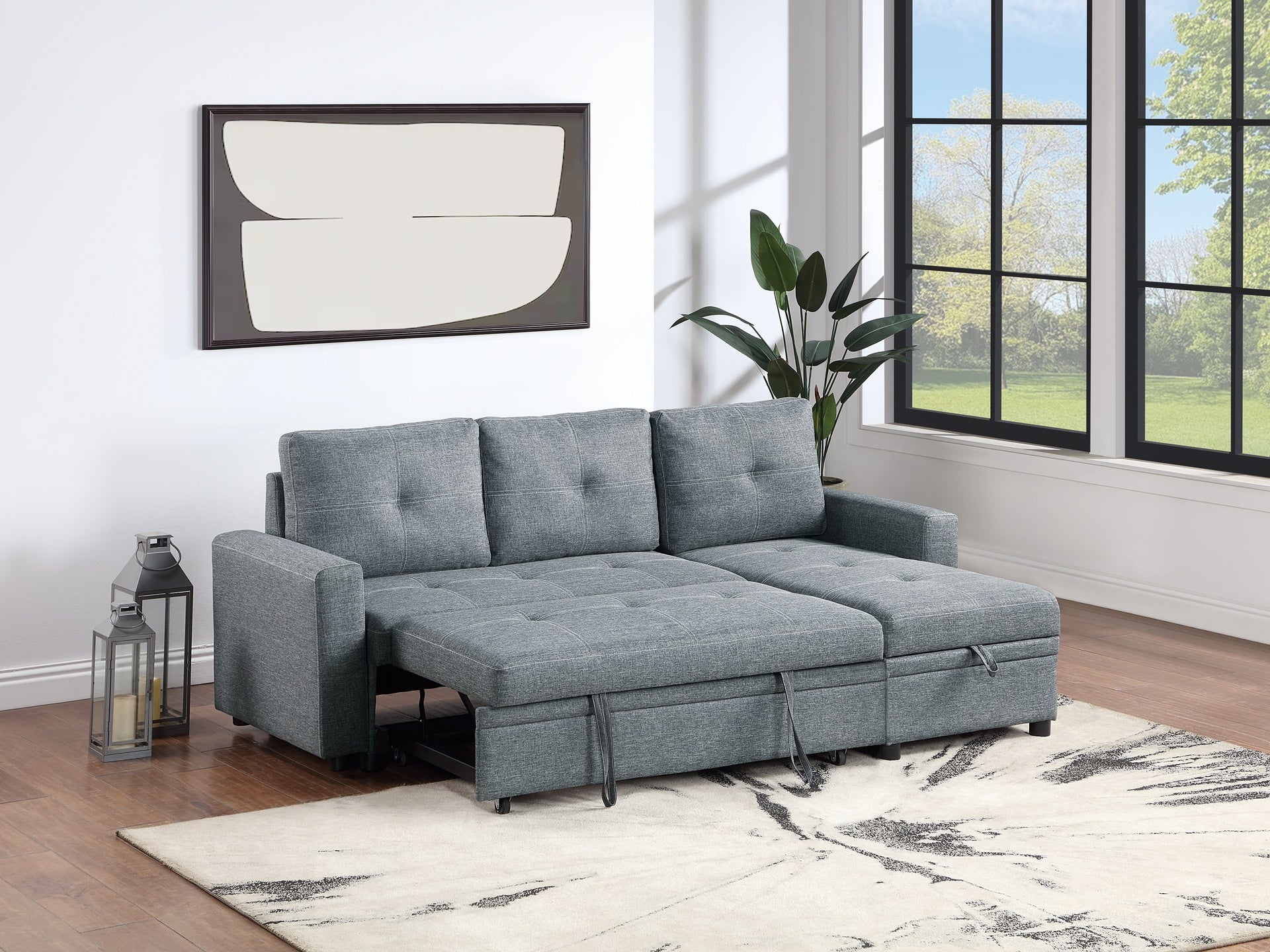 Black Gray Polyfiber Convertible Sectional Sofa Pull out Bed Couch Storage Chaise Reversible 2pc Sectional Living Room Furniture