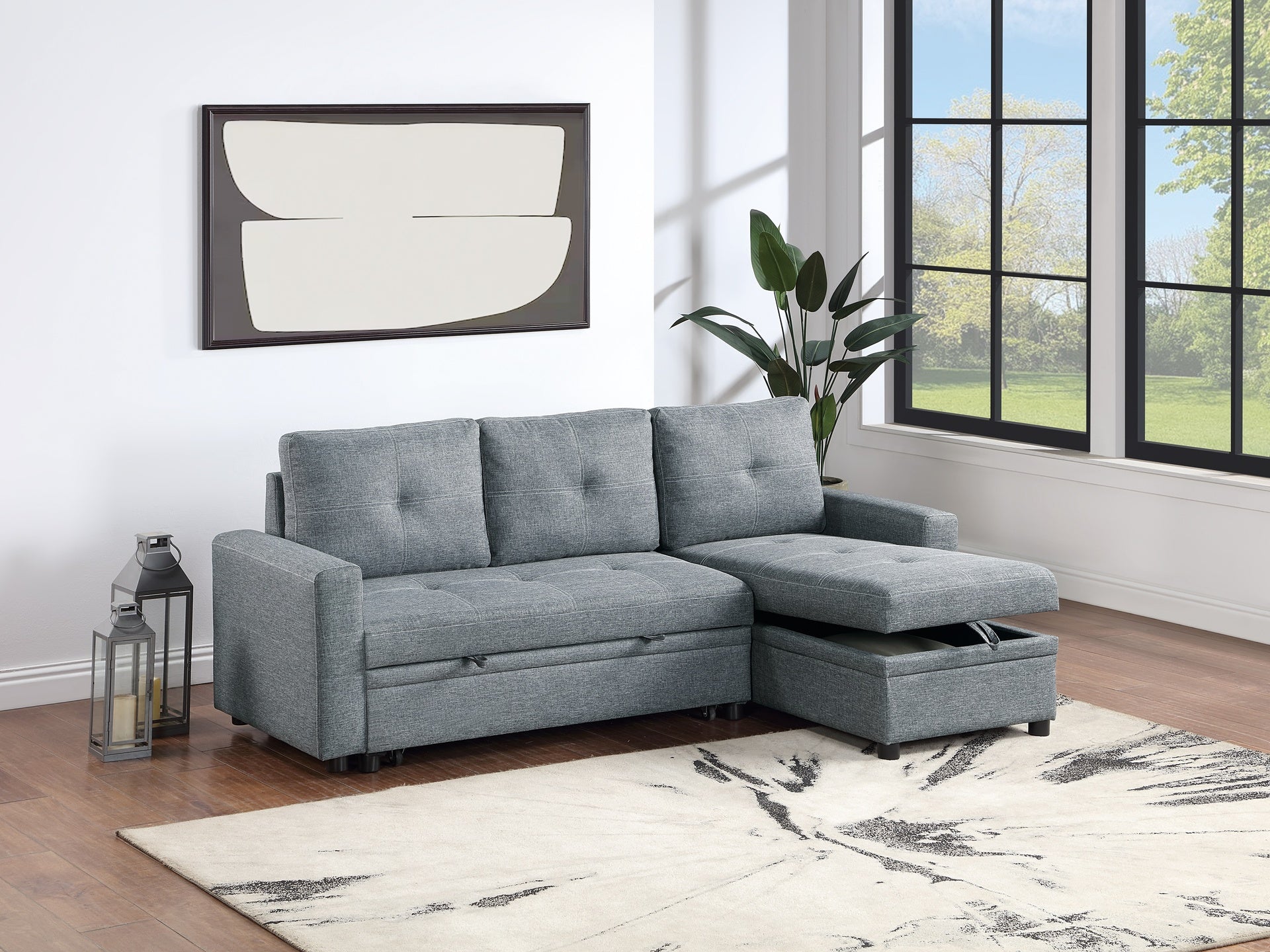 Black Gray Polyfiber Convertible Sectional Sofa Pull out Bed Couch Storage Chaise Reversible 2pc Sectional Living Room Furniture