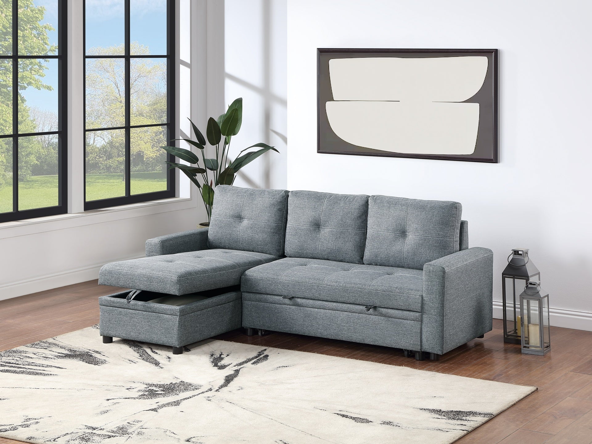 Black Gray Polyfiber Convertible Sectional Sofa Pull out Bed Couch Storage Chaise Reversible 2pc Sectional Living Room Furniture