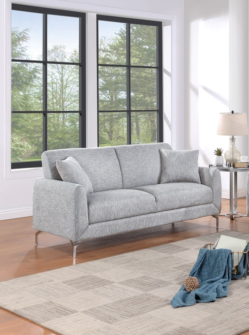 Elegant 2pc Sofa Set Light Gray Burlap Like Fabric Sofa Loveseat w Pillows Cozy Design Plush Couch Living Room