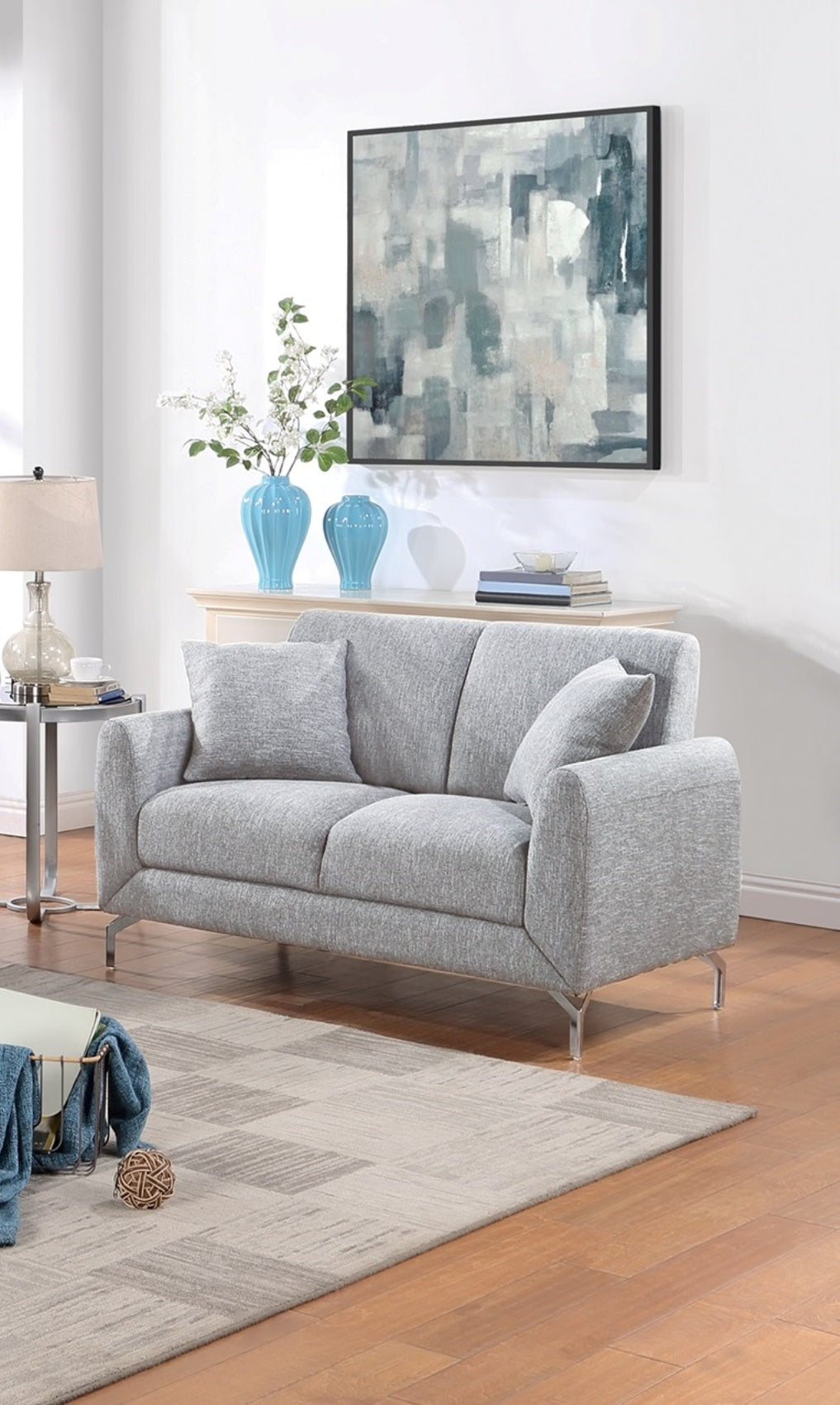 Elegant 2pc Sofa Set Light Gray Burlap Like Fabric Sofa Loveseat w Pillows Cozy Design Plush Couch Living Room
