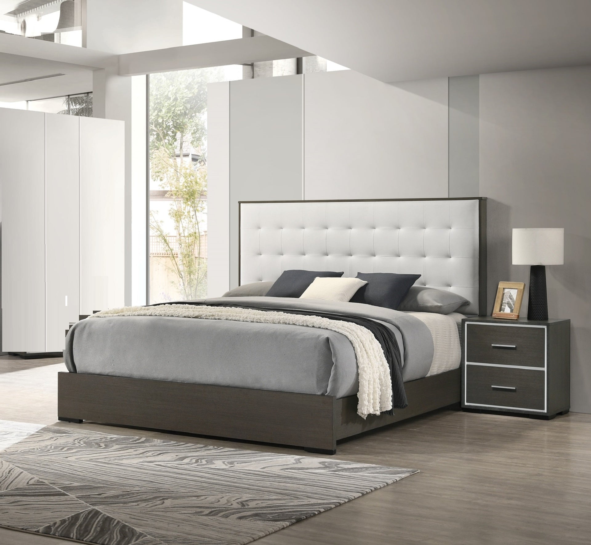 1pc Contemporary Upholstered Full Size Panel Bed Button Tufted Headboard Wooden Bedroom Furniture White Cream Gray