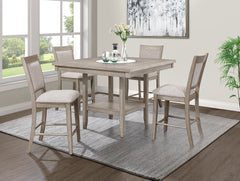 5pc Dining Set Contemporary Farmhouse Style Counter Height w 20-Inch White Faux Marble Lazy Susan All Tan / Beige Gray Finish Upholstered Chairs Wooden Wood Veneers Solid Wood Dining Room Furniture