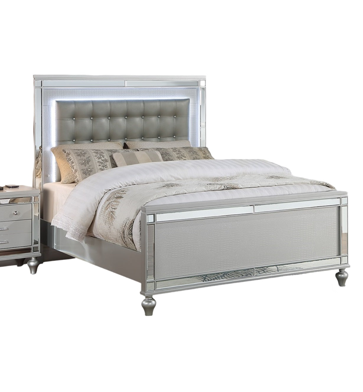 Beautiful Silver Tufted Faux Leather Queen Size Bed w LED Lights 1pc Panel Bedframe Bedroom