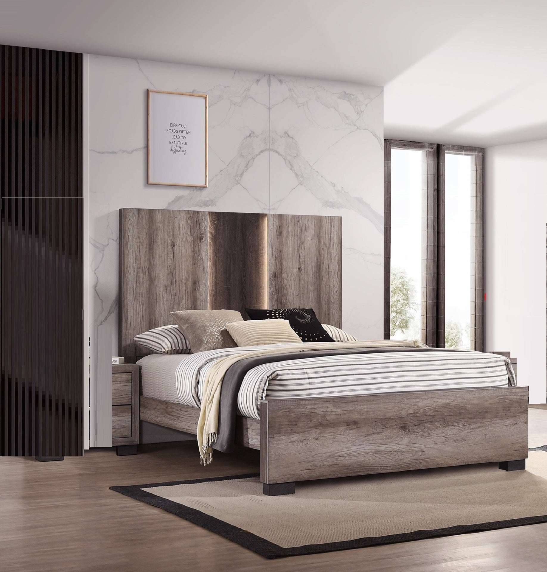 Contemporary Queen Panel LED Light Headboard Bed 1pc Brown Beige Gray Finish Wooden Bedroom Furniture
