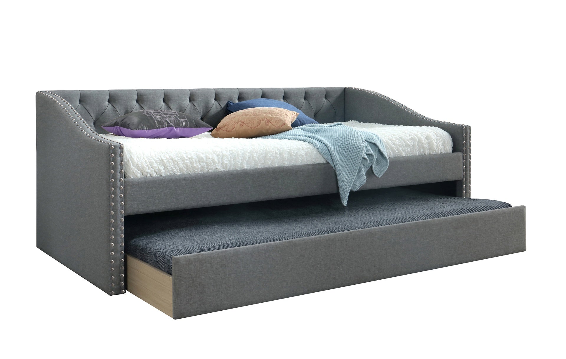 Luxurious 1pc Modern Daybed Button Tufted Nailhead Trim Armrest Pull Out Trundle Bedroom Living Room Furniture Gray Finish