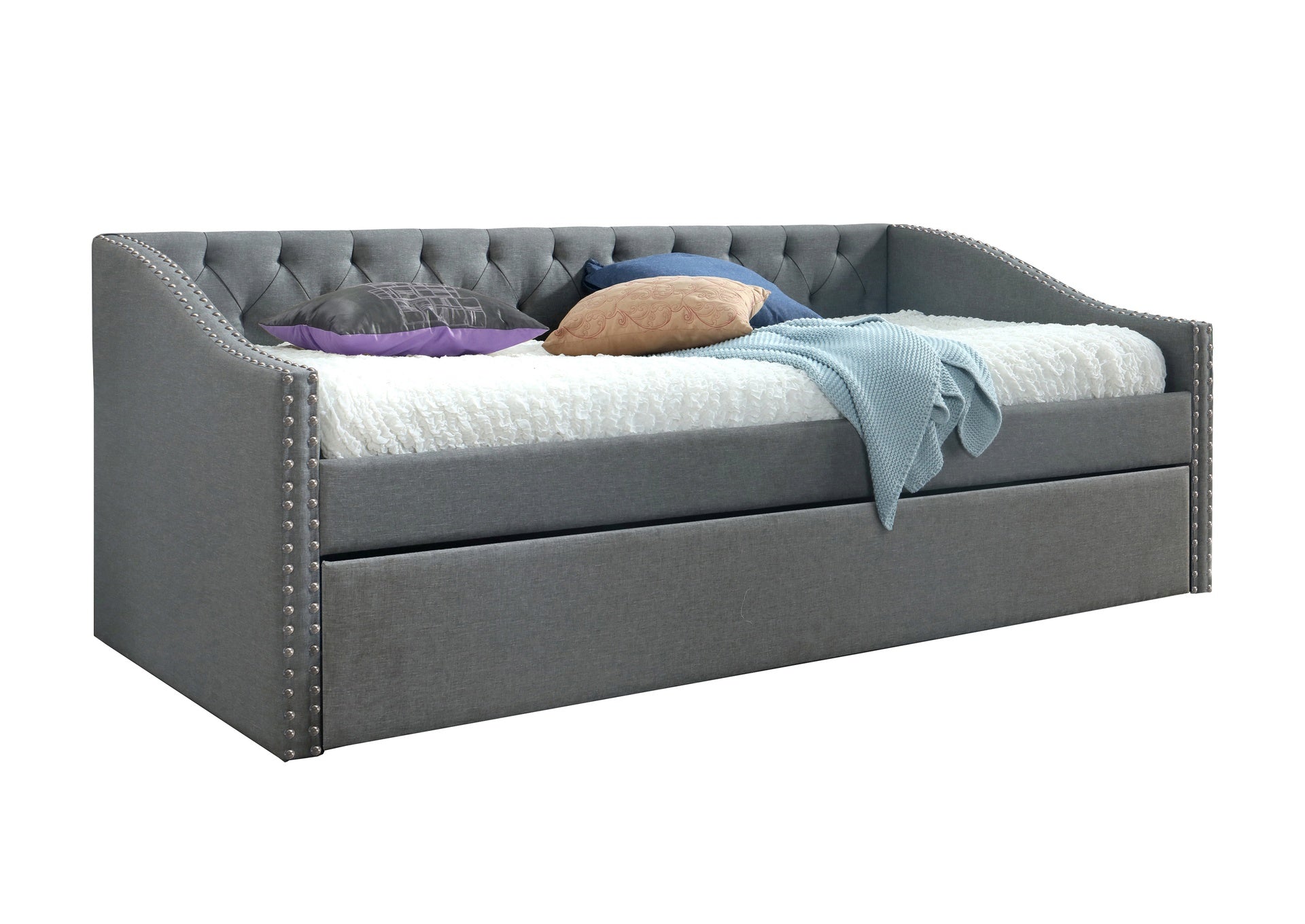 Luxurious 1pc Modern Daybed Button Tufted Nailhead Trim Armrest Pull Out Trundle Bedroom Living Room Furniture Gray Finish