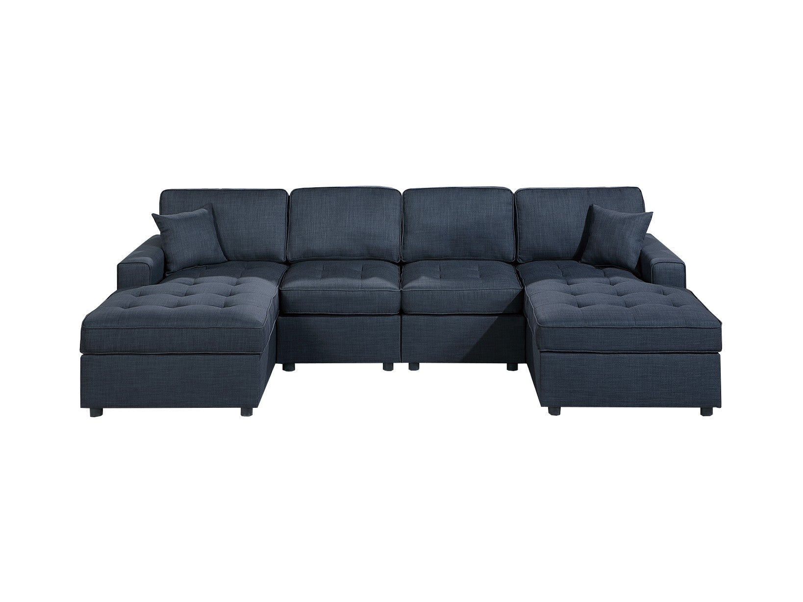Contemporary Style Sectional Sofa Set RAF And LAF Chaise Armless Chairs Dark Blue Color Dorris Fabric Tufted Couch Pillows Living Room