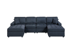 Contemporary Style Sectional Sofa Set RAF And LAF Chaise Armless Chairs Dark Blue Color Dorris Fabric Tufted Couch Pillows Living Room