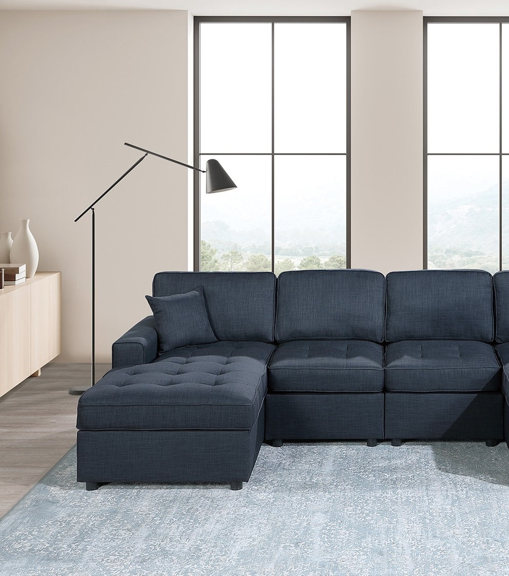 Contemporary Style Sectional Sofa Set RAF And LAF Chaise Armless Chairs Dark Blue Color Dorris Fabric Tufted Couch Pillows Living Room