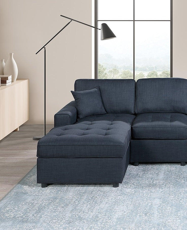Contemporary Style Sectional Sofa Set RAF And LAF Chaise Armless Chairs Dark Blue Color Dorris Fabric Tufted Couch Pillows Living Room