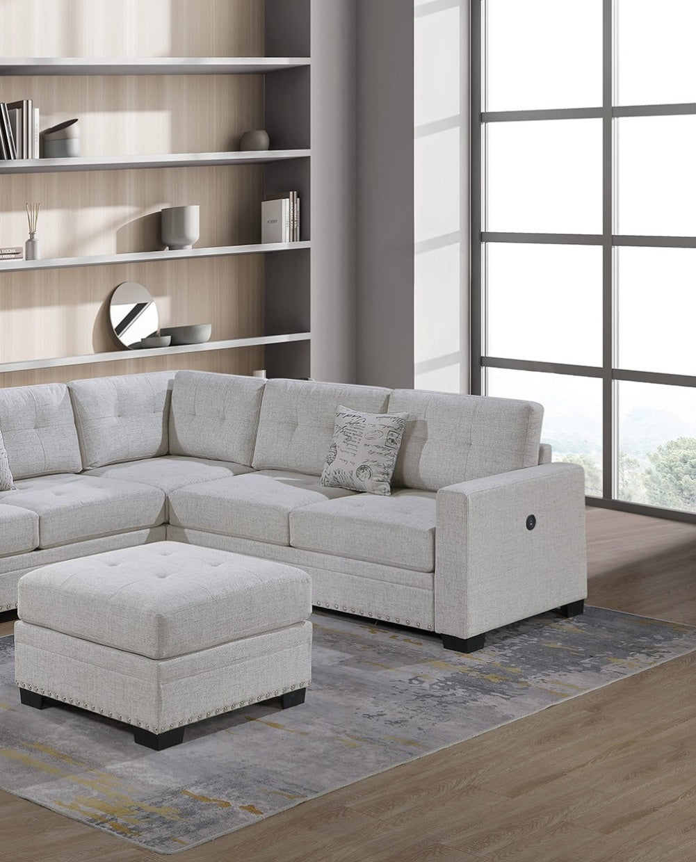 Casual Simple Tufted Couch Living Room Sectional 4pc Set Sincere Bone Color Fabric Upholstered RAF/LAF One-Arm Loveseat Wedge Ottoman