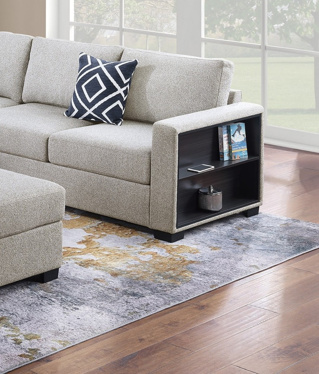 Contemporary Functional Sectional Sofa 4pc Set Beige Boucle Couch Loveseat w Built-in Shelfs Wedge, Ottoman Living Room Furniture L-Shaped Design Couch