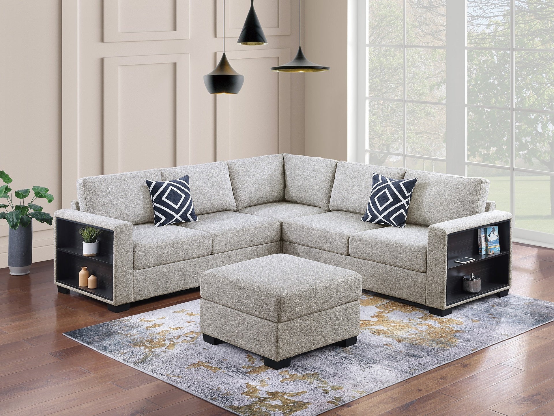 Contemporary Functional Sectional Sofa 4pc Set Beige Boucle Couch Loveseat w Built-in Shelfs Wedge, Ottoman Living Room Furniture L-Shaped Design Couch