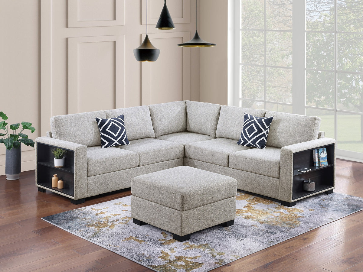 Contemporary Functional Sectional Sofa 4pc Set Beige Boucle Couch Loveseat w Built-in Shelfs Wedge, Ottoman Living Room Furniture L-Shaped Design Couch